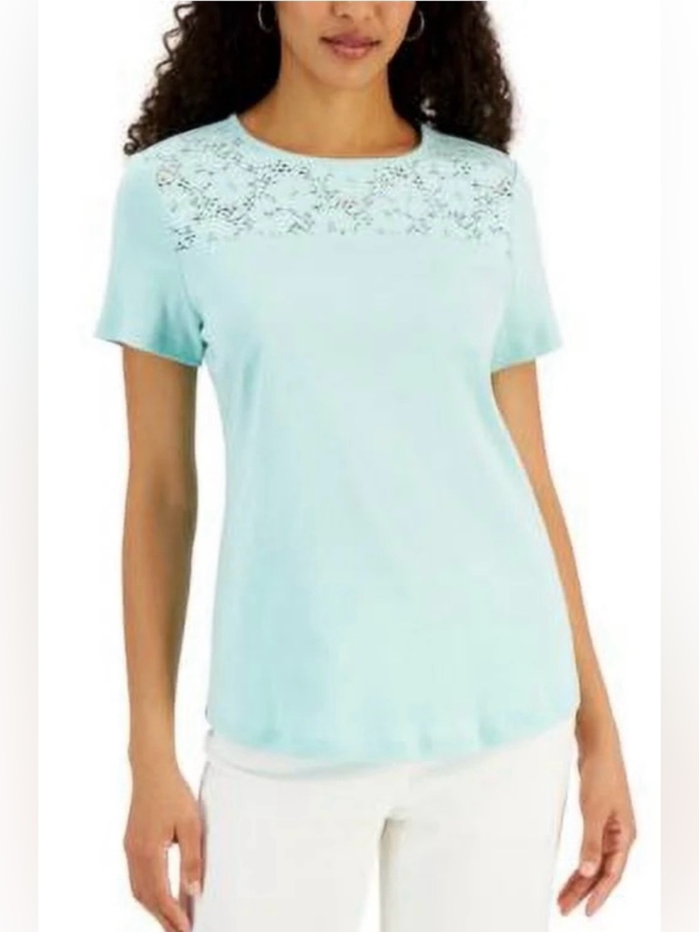 Karen Scott XL Light Aqua Short Sleeve Cotton Top with Lace Yoke